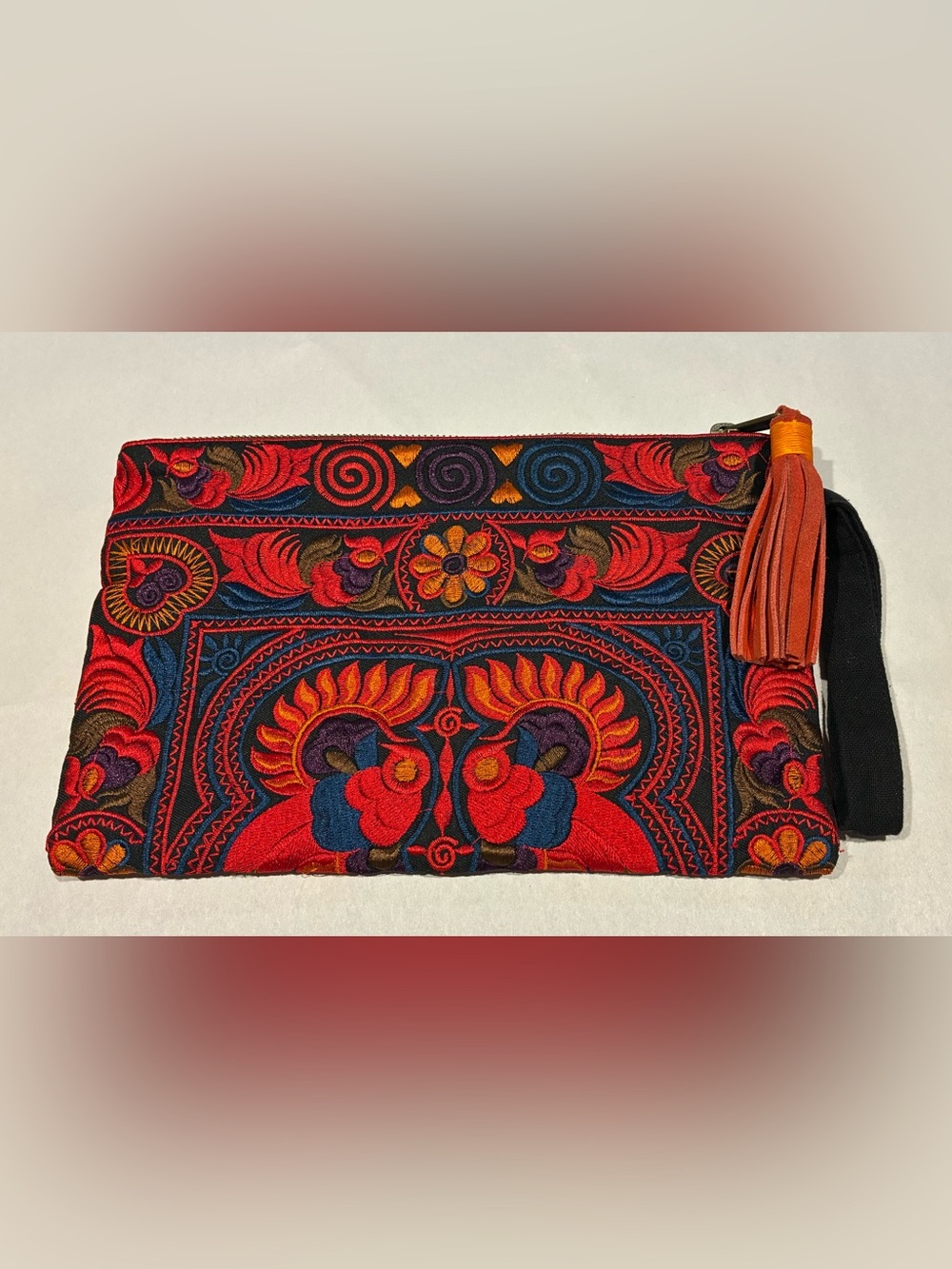 Trades Of Hope Scarlet Clutch Embroidered  Red Multi Tassel Zip And Strap NWT